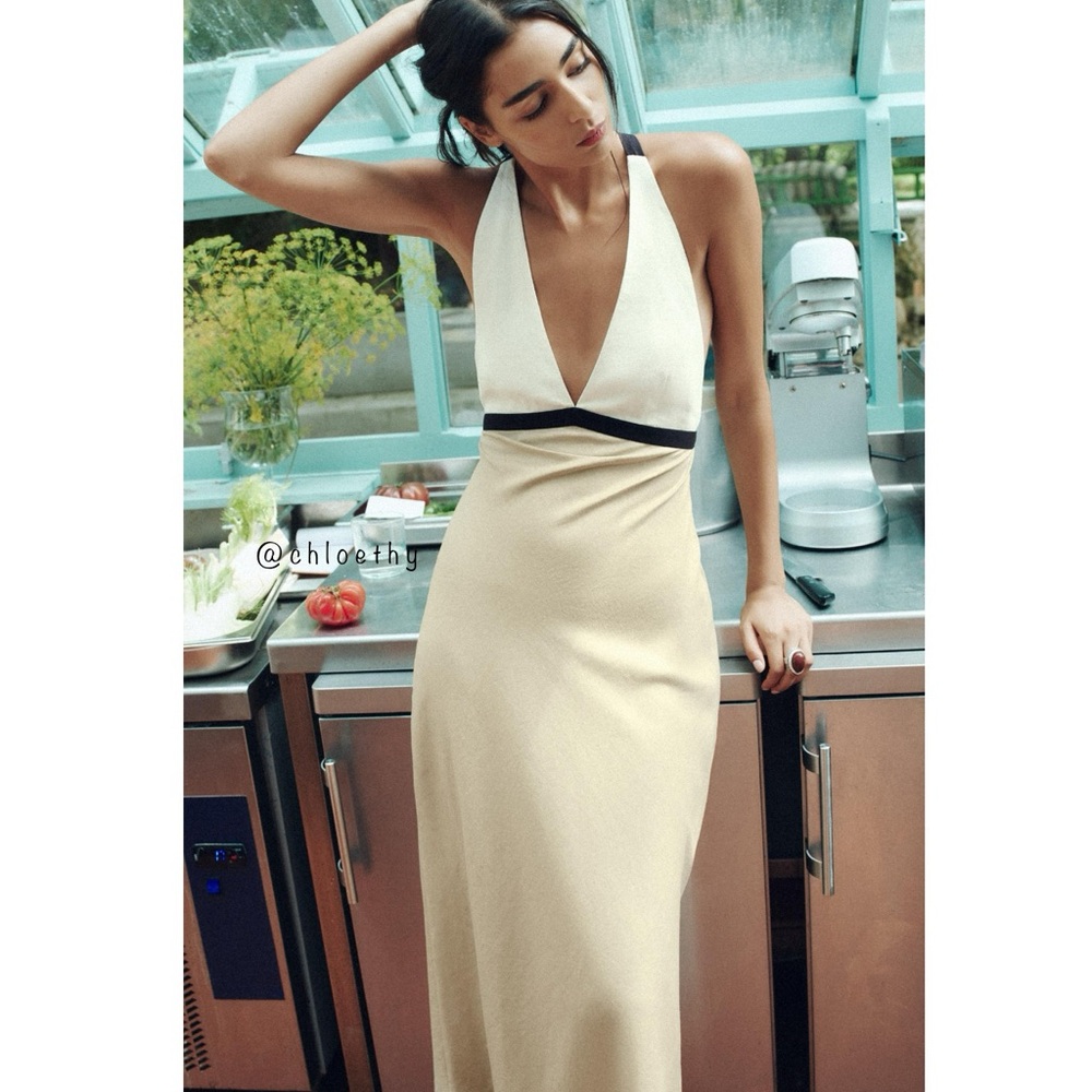 Zara LINEN BLEND COLORBLOCK DRESS